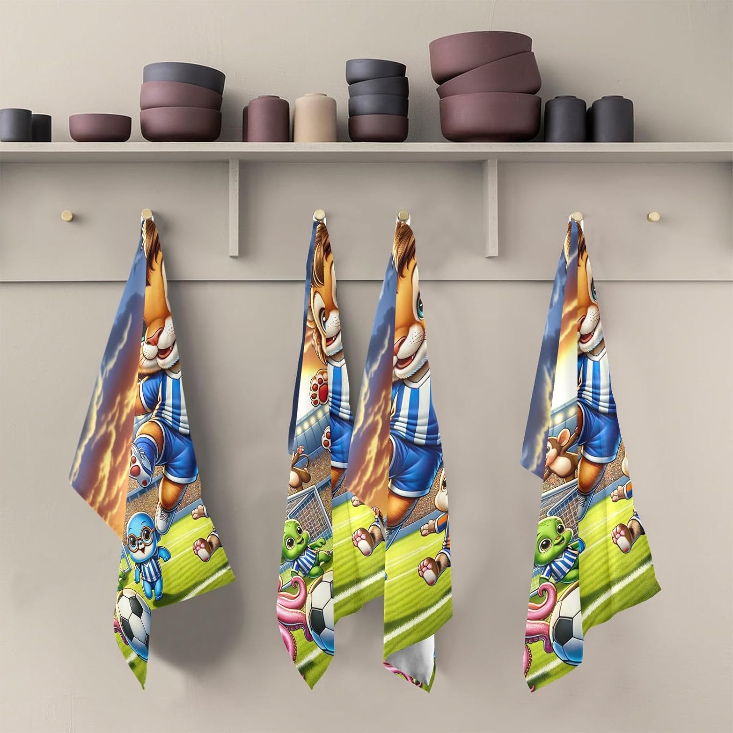 ODAWA Cute Animals Playing Football Dish Towels Soft Reusable Cleaning Bar and Tea Towels DishCloths for Kitchen, Set of 4