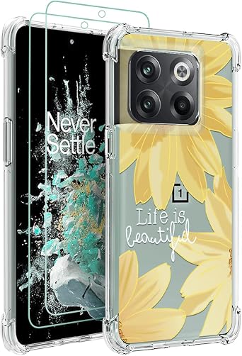 Osophter for OnePlus 10T Case - Clear Girls Women Flower Floral with Screen Protector, Reinforced Corners TPU Flexible Cell Phone Cover
