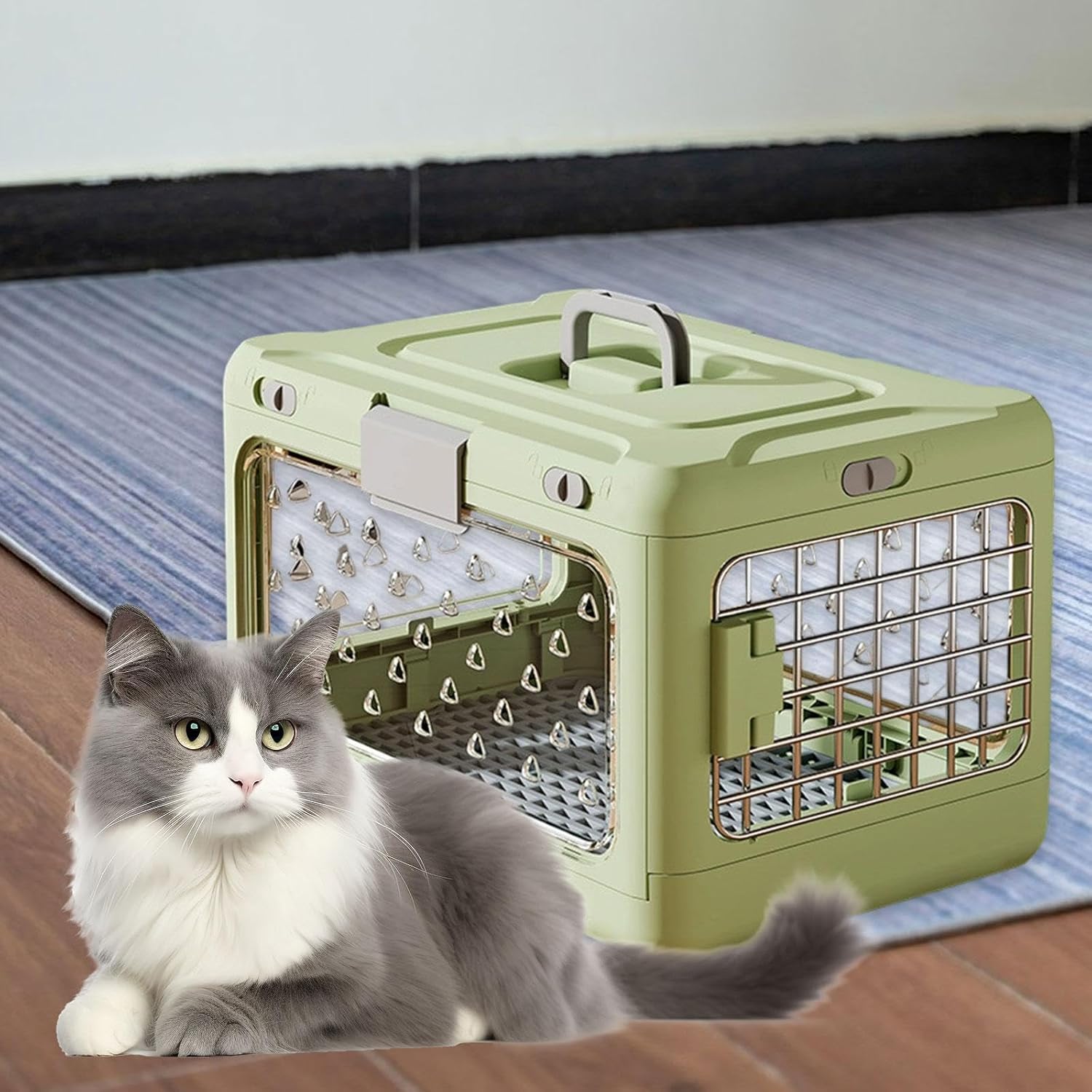 Folding Puppy Crate Cat Transport Box Hard Sided Transparent Portable Dog Kennel Pet Carrier for Small Dogs Rabbit Kitten, Green