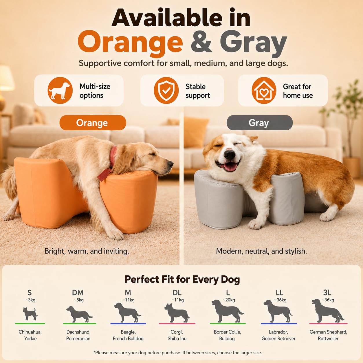 Arancia, Divano di Supporto per Cani Anziani, Cuscino di Assistenza per Animali Domestici con Parte Posteriore Aperta, Cuccia in Spugna Ad Alta Resilienza con Rivestimento in Similpelle