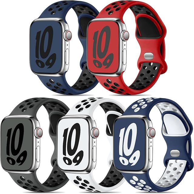 Dirrelo 5 Pack Sport Straps Compatible with Apple Watch Strap 44mm 45mm 49mm 42mm for Men, Soft Breathable Silicone Wristband for Apple Watch 8/iWatch Series 8/Ultra/7/6/5/4/3/2/1, Dark Colour B, L