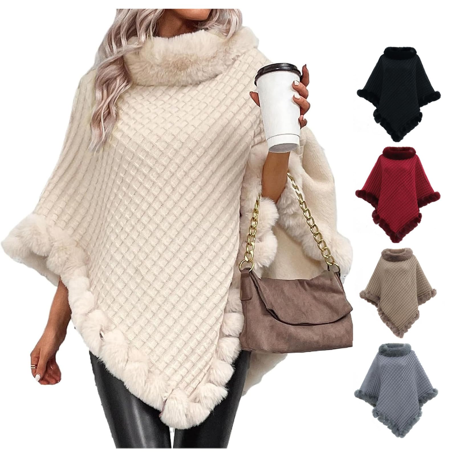 Poncho mit Kunstfellbesatz, eleganter Cape-Mantel mit Kunstfellkragen und Besatz, Winter, warm, gestrickt, Stola, Schal für Damen