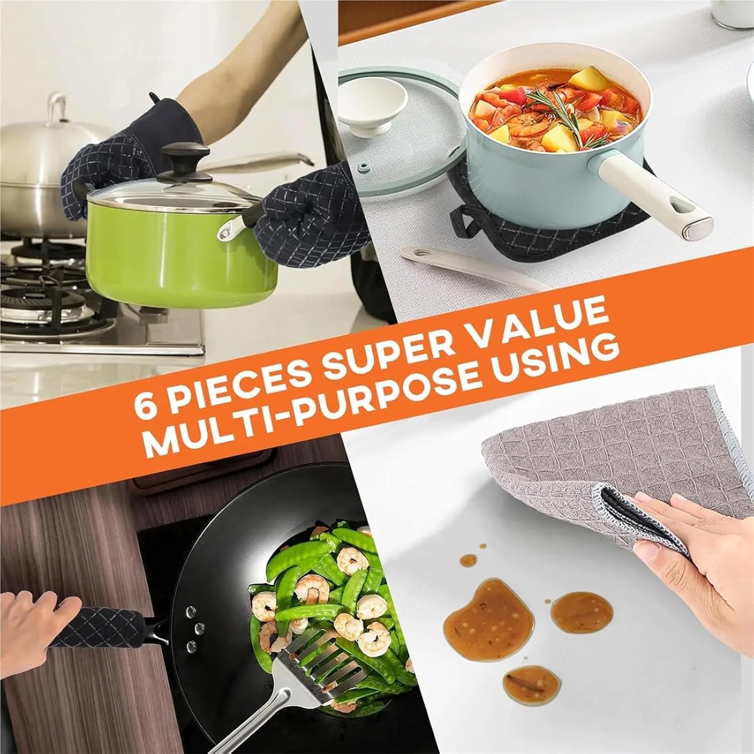 6Pcs High Heat Oven Mitts and Pot Holders, Non-Slip Silicone Surface for Baking Cooking BBQ, Black