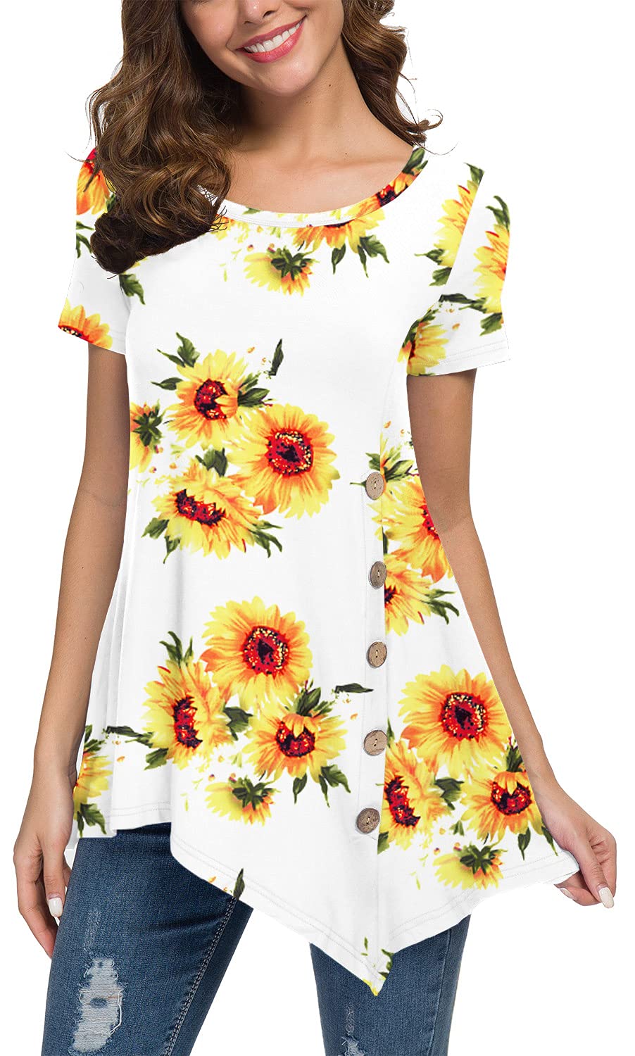 VIISHOWWomen's Short Sleeve Scoop Neck Button Side T Shirts Loose Fitting Tunic Solid Color Tops Blouse