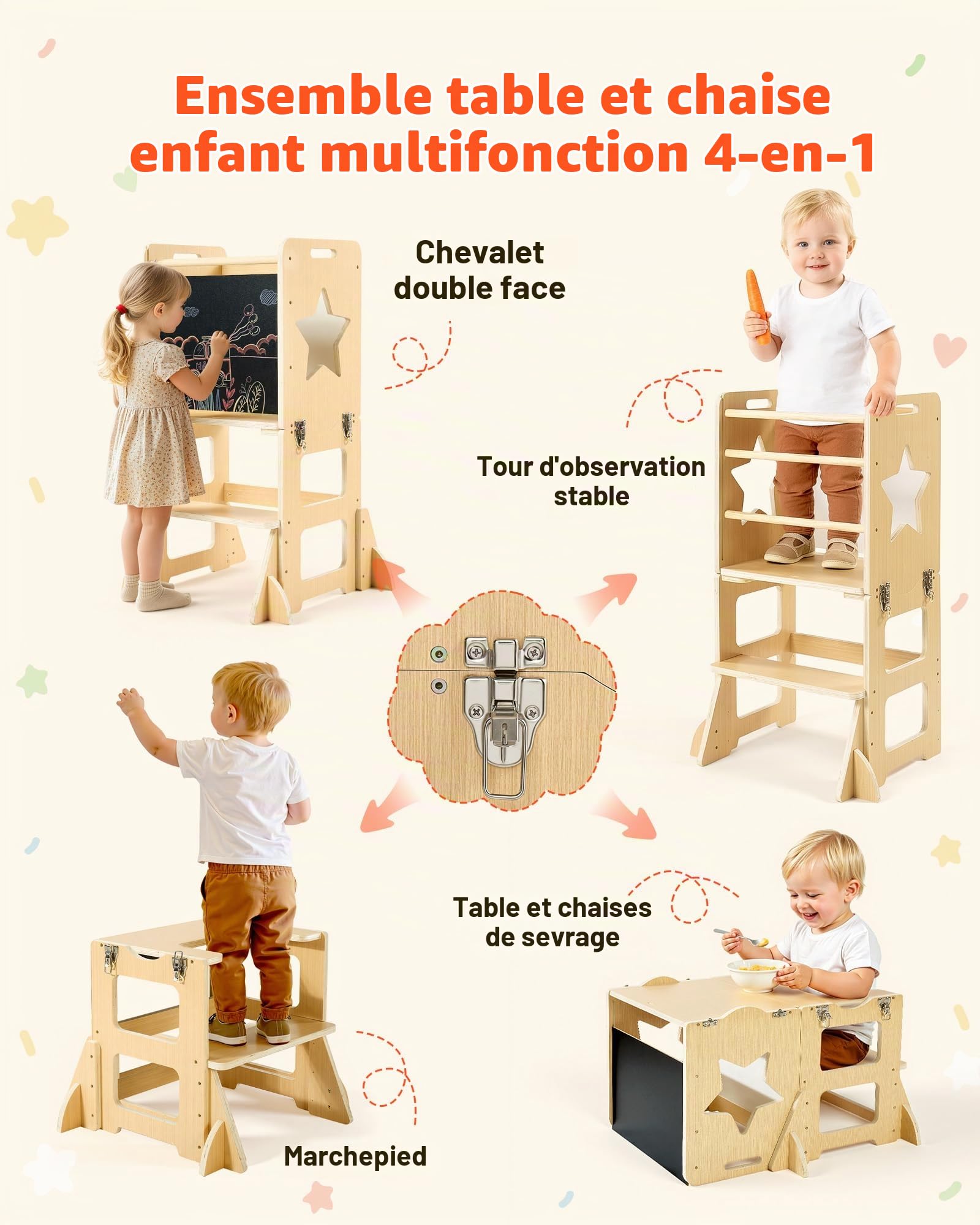 VEVOR Tour d'apprentissage en Bois 4 en 1 pour Tout-Petits de 1 à 5 Ans