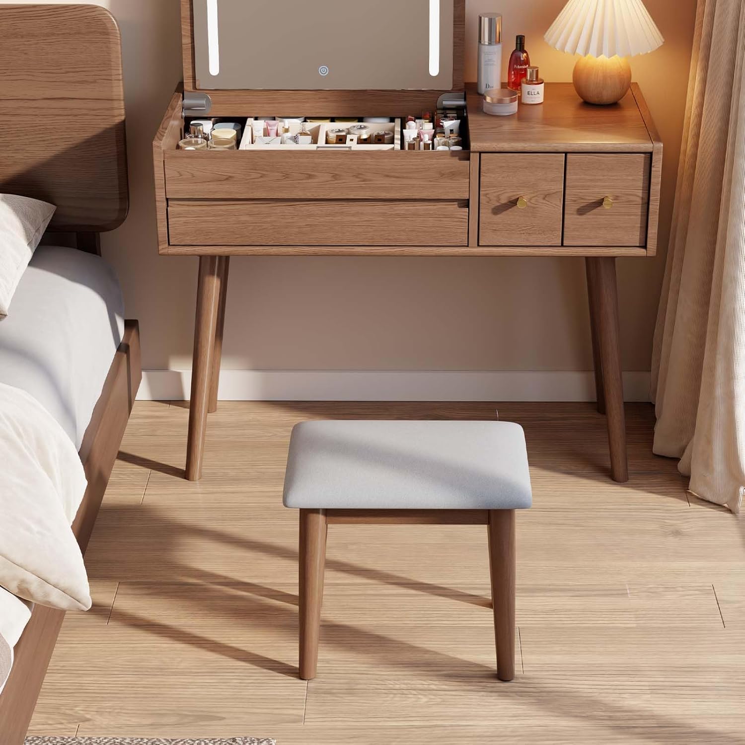 Vanity Stool, Solid Wood Vanity Chair with High-Rebound Sponge Seat Cushion, Easy Assembly Vanity Bench, Walnut Upholstered Vanity Stool for Bedroom Study Room Entryway