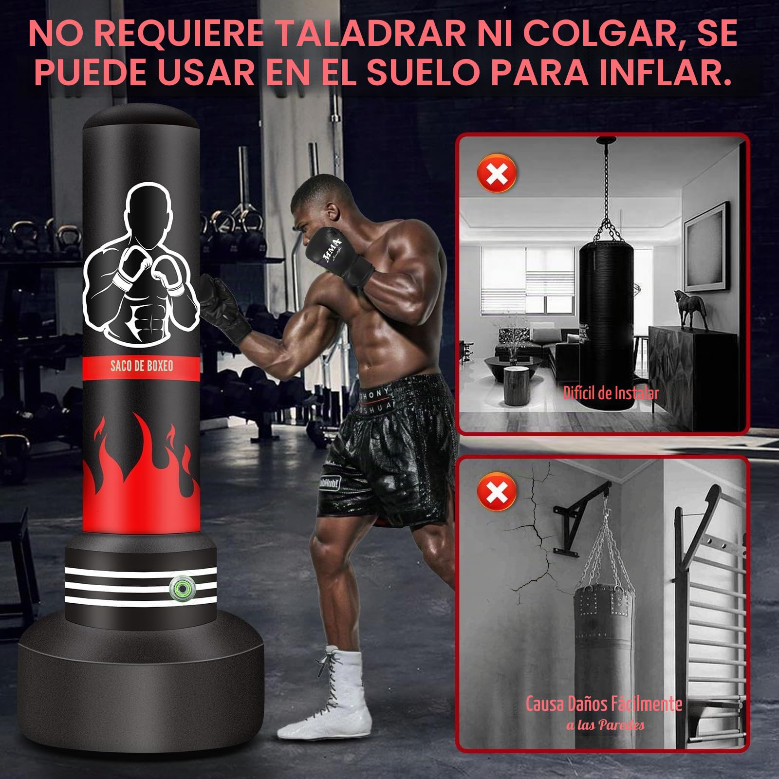 Saco de Boxeo 180cm Pesado Autoinflable con Guantes y Bomba de Aire para Entrenamiento MMA Muay Thai