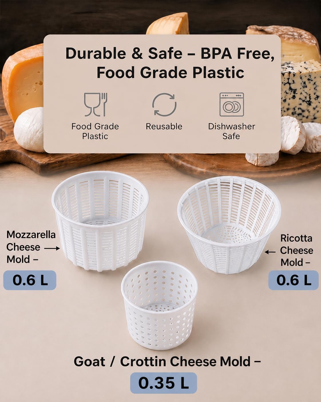 7 items Cheese making kit | Variouse cheese molds 0.25-0.6 kg for soft cheeses (7). Cheesemaking from Cow and Goat Milk. Cheese making supplies