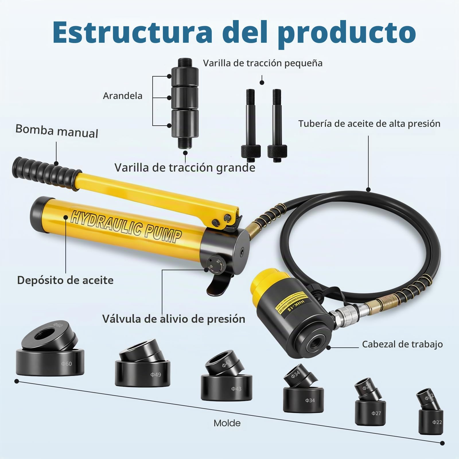 MXBAOHENG 22-60 MM Perforadora Hidráulica de Metal de 13 T con 6 troqueles de 22/27/34/43/49/60 mm, Juego de Perforadores Hidráulicos Knockout, para acero inoxidable ≤ 1,6 mm; chapa de hierro ≤ 3,2 mm