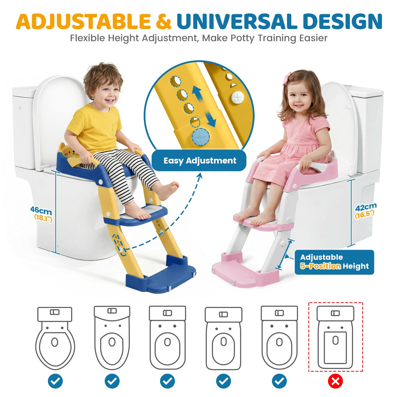 Orzbow Adaptador Wc Niños con Escalera, 2 en 1 Reductor Wc Niños, Orinal Portatil, Altura ajustable, Pedal Extensible y Cojín de PVC, Antideslizante y Ligero, Azul Amarillento