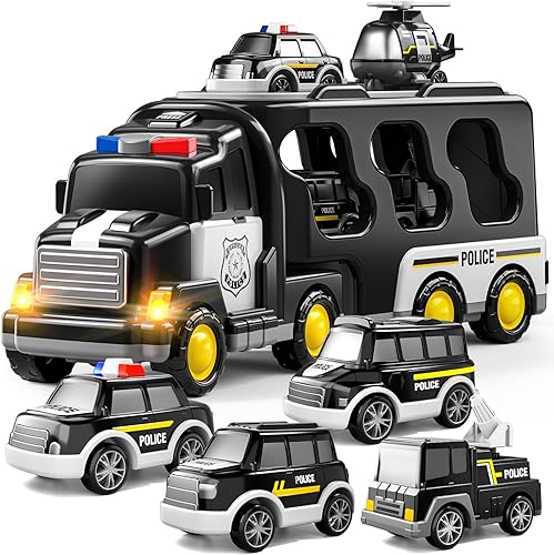 TEMI Camión de policía de juguete para niños pequeños de 3, 4, 5, 6 años, vehículo de emergencia de fricción 5 en 1, juguete de coche de policía
