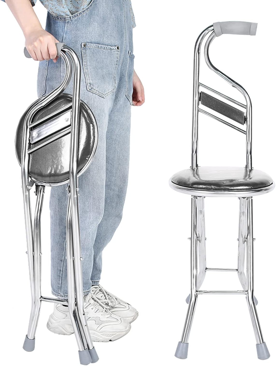 Folding Walking Stick with Chair, 4 Legs Aluminium Folding Cane Seat Thickening Travel Seat Cane Stainless Steel Lightweight Folding Mobility Aid Elderly Walking Cane