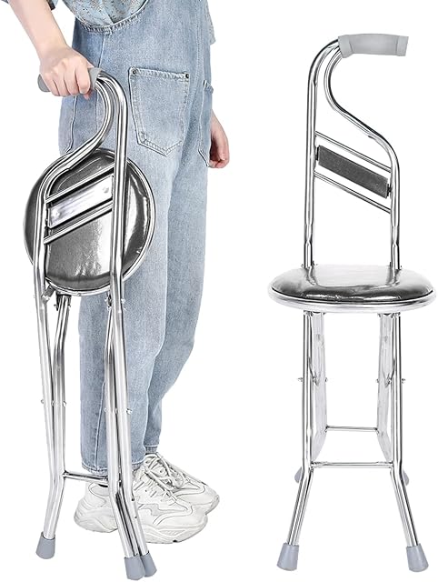 Aluminium Walking Stick Folding Walking Stick,Portable Walking Cane with Seat Folding Cane Seat with Ergonomic Foam handle Foldable Elderly Walking Stick for Mobility Aid Provides Extra Support(black)
