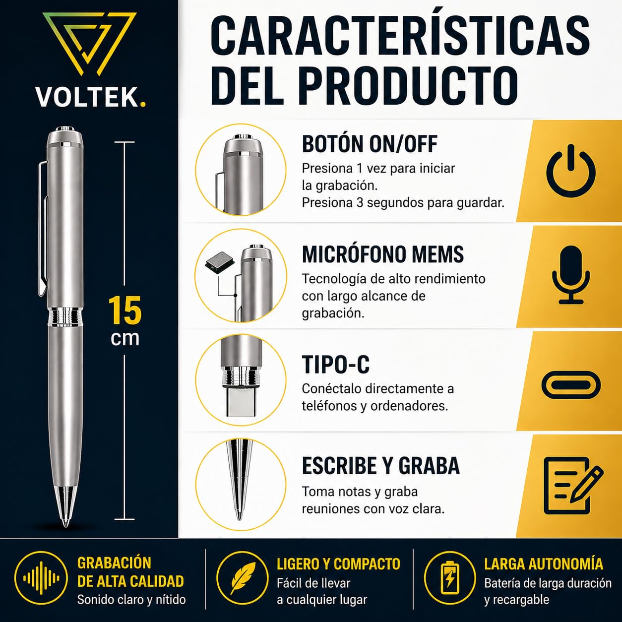 VOLTEK Pluma Grabadora de Audio - Captura la Voz con el Detector de dictáfonos Vocal. Micro grabadora Mini Escucha remota con una Memoria de 64 GB – Libro electrónico Gratuito Incluido (Plata)