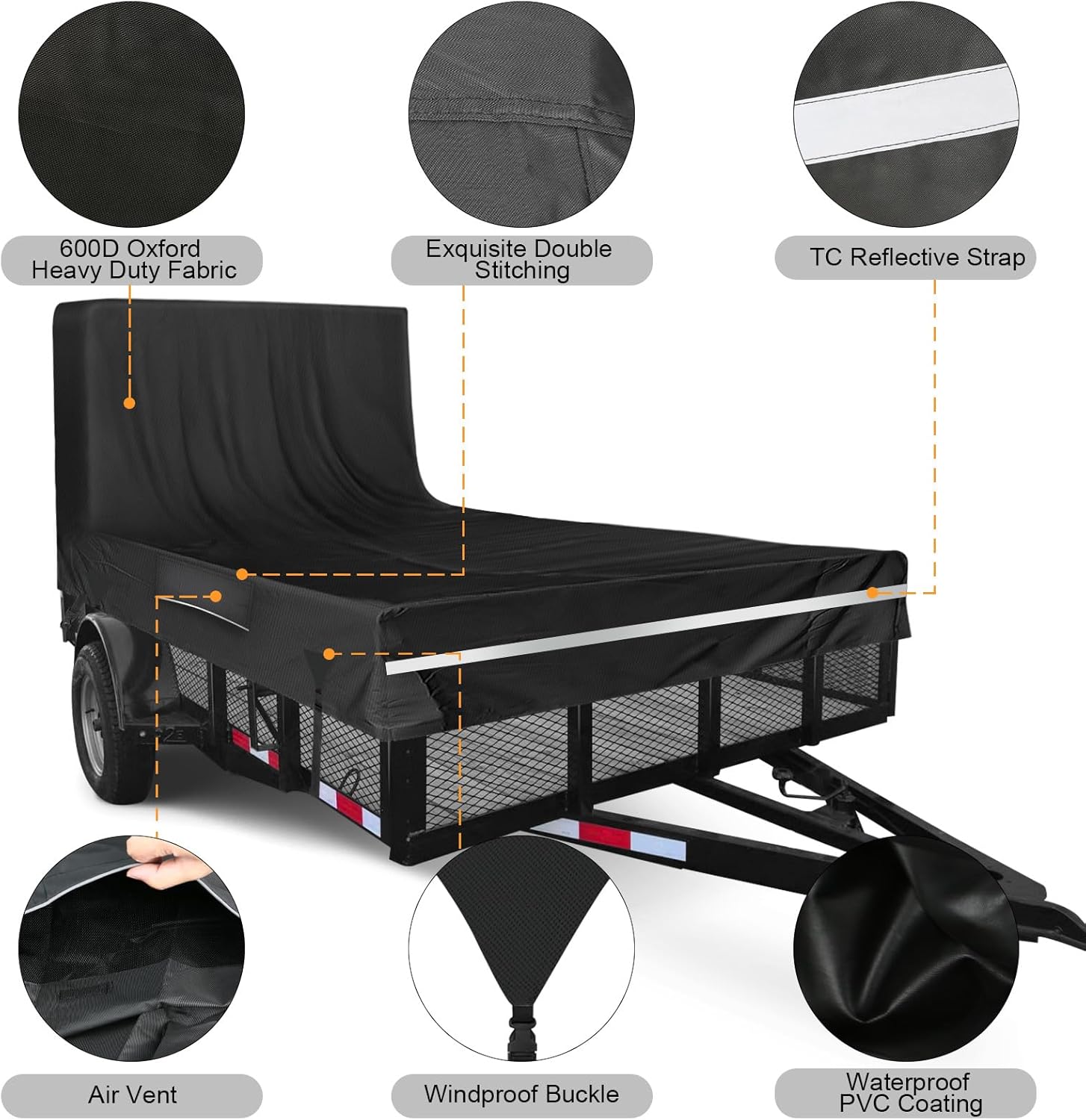 Utility Trailer Cover, 7x12 Trailer Cover with Rear Landscape/Ramp Gate 48” to 60” high, 600D Waterproof Windproof Heavy Duty Black Dump Trailer Cover, Fits 7 x 12 FT (W x L)