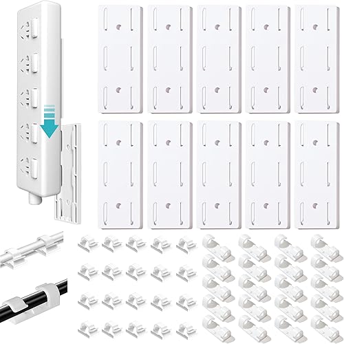 Soporte Adhesivo para Enchufes sin Perforaciones, Kit de 10 Soportes para Regletas de Alimentación y 40 Clips para Cables, Soporte Autoadhesivo