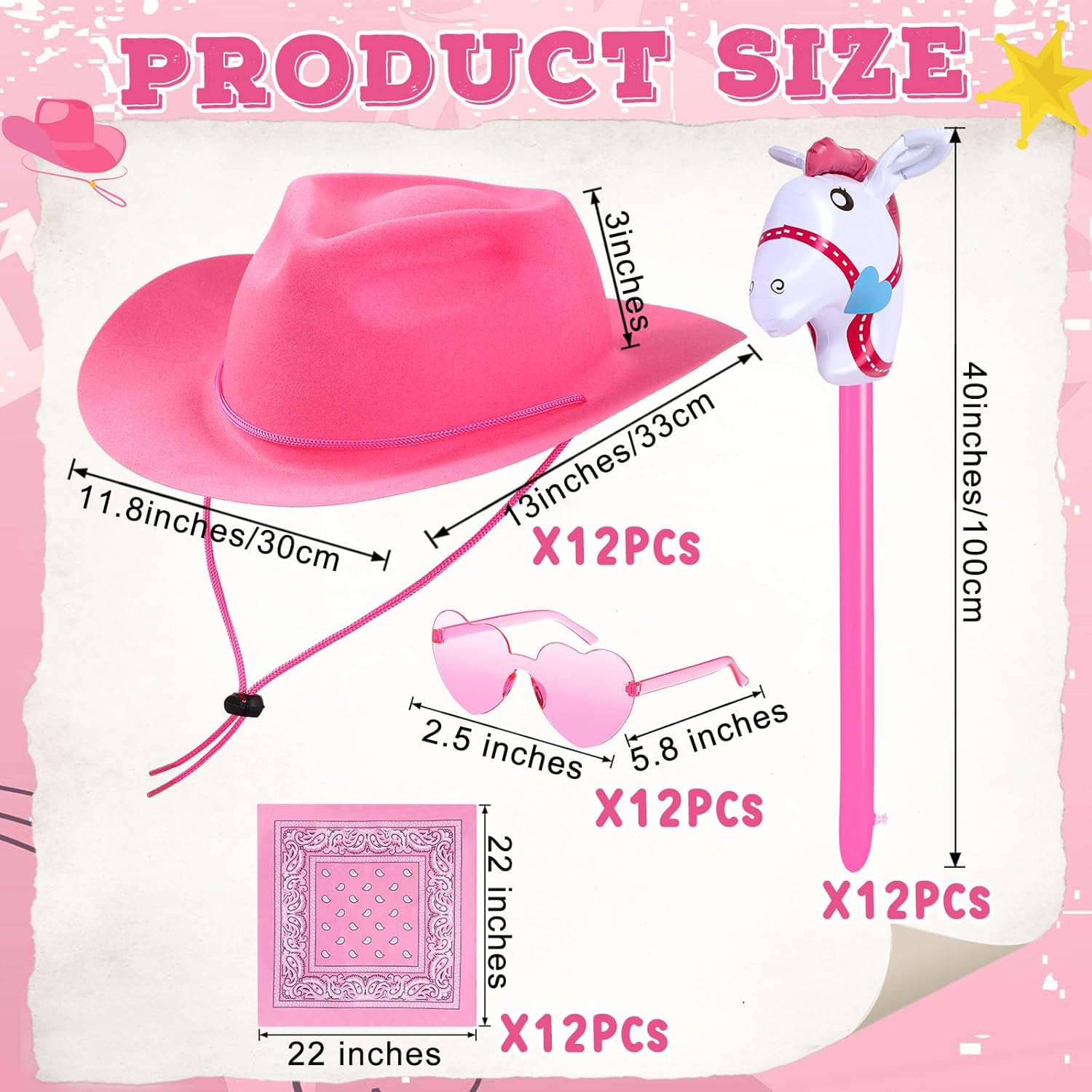 Xtinmee 48 Pcs Kids Cowboy Party Favor with Cowboy Hats Inflatable Stick Horses Bandanas Heart Glasses for Kid Costume(Pink) - Image 2