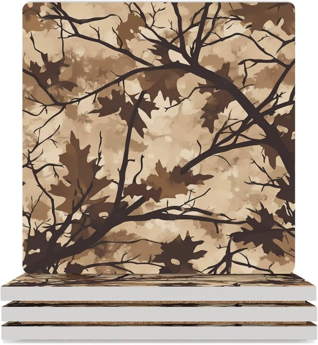 Camouflage Winter Tree Funny Ceramic Coasters for Drinks Absorbent Cup Holder Tabletop Protector with Cork Base