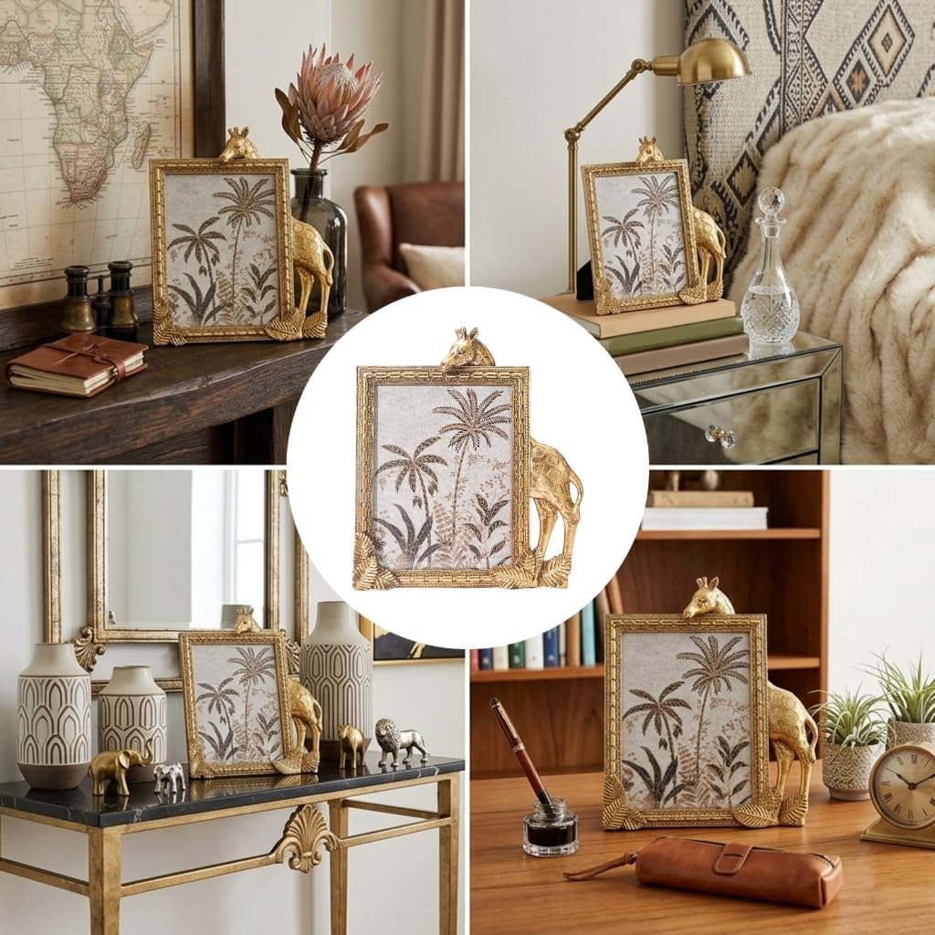 Antique Gold Giraffe Sculpture Photo Frame with Leaf Accent For Art Display