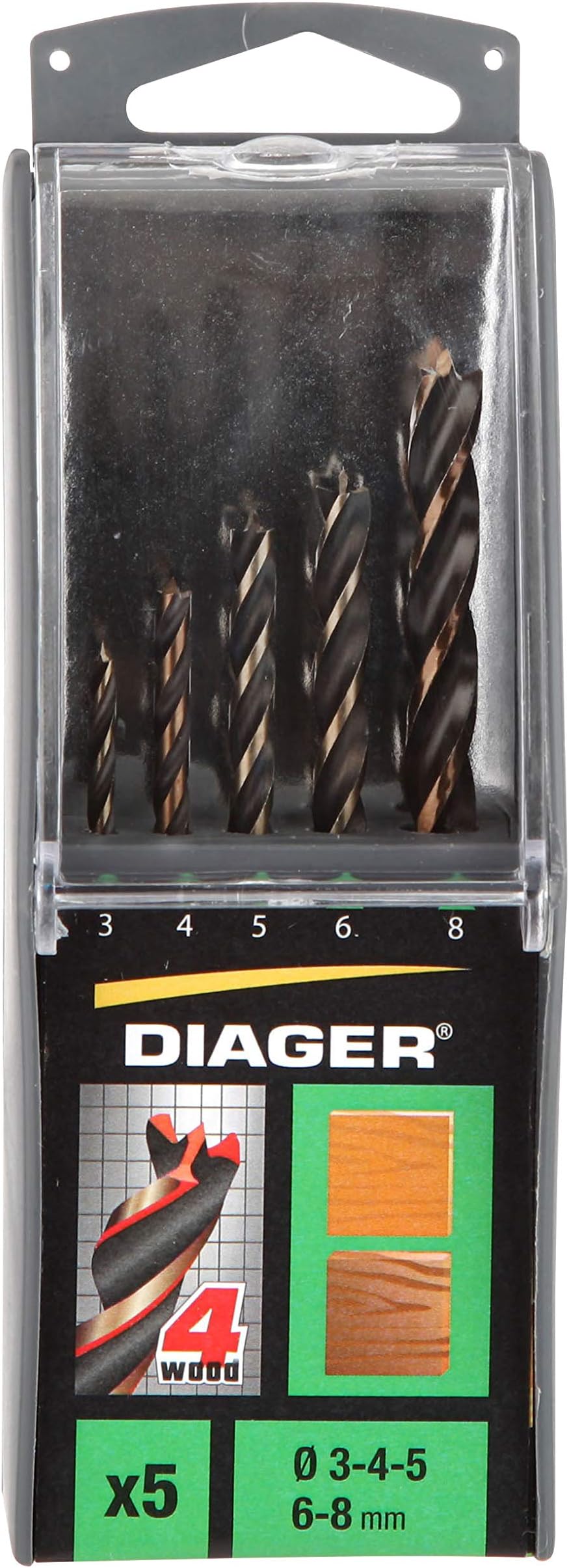 Set of 5 Wooden Drill Bits with 4 Points Diameter 3-4-5-6-8 mm