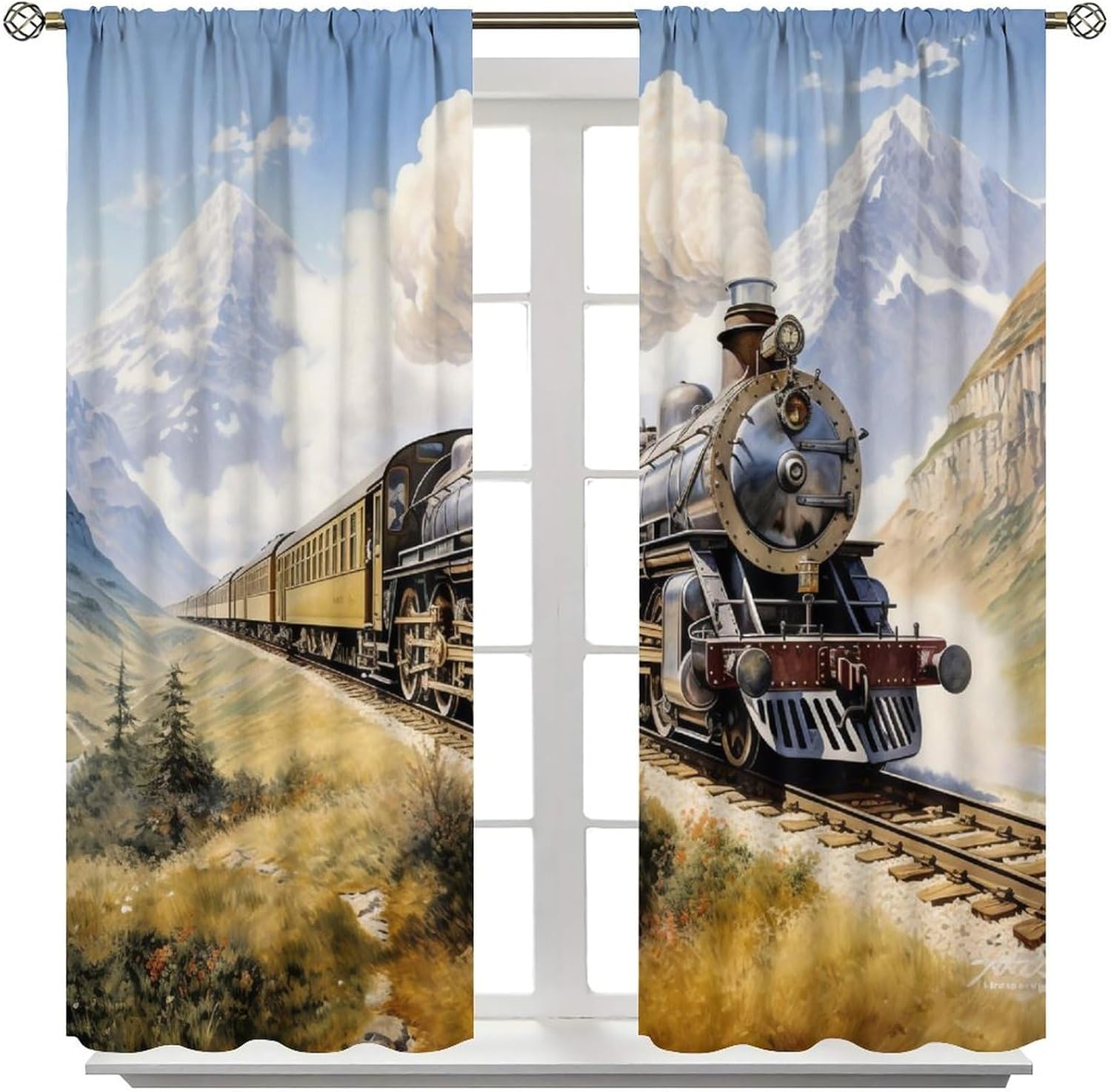 Steam Train Curtains, Vintage Rustic 80s Old Forest Nature Track Black Train Blackout Window Treatments, Thermally Insulated Rod Pocket Drapes For Kids Boys Adolescent Bedroom Living Room 72x63in
