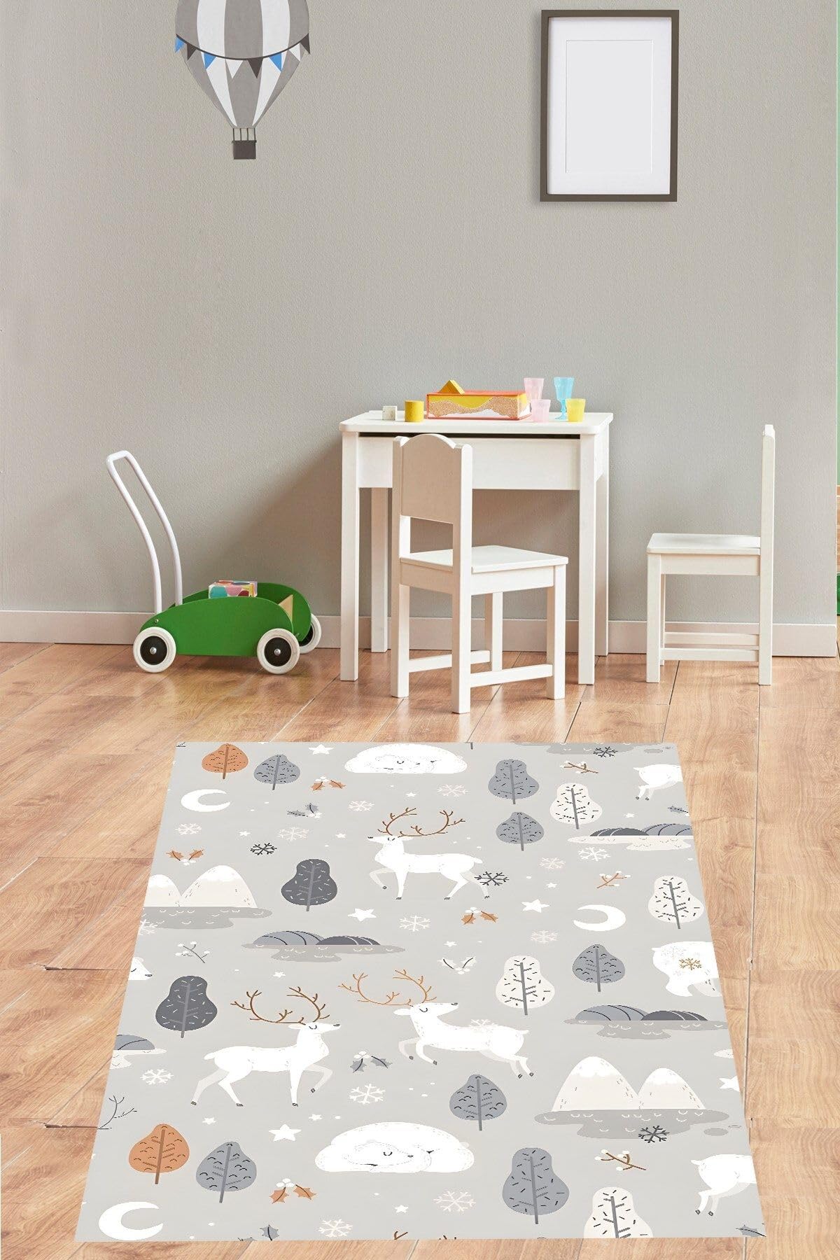 Pelangi İskandinav Ağaç Ay Orman Geyikli Yıkanabilir Kaymaz Taban Leke Tutmaz Çocuk Odası Halısı, Mavi-Gri-Kahverengi 160 x 240