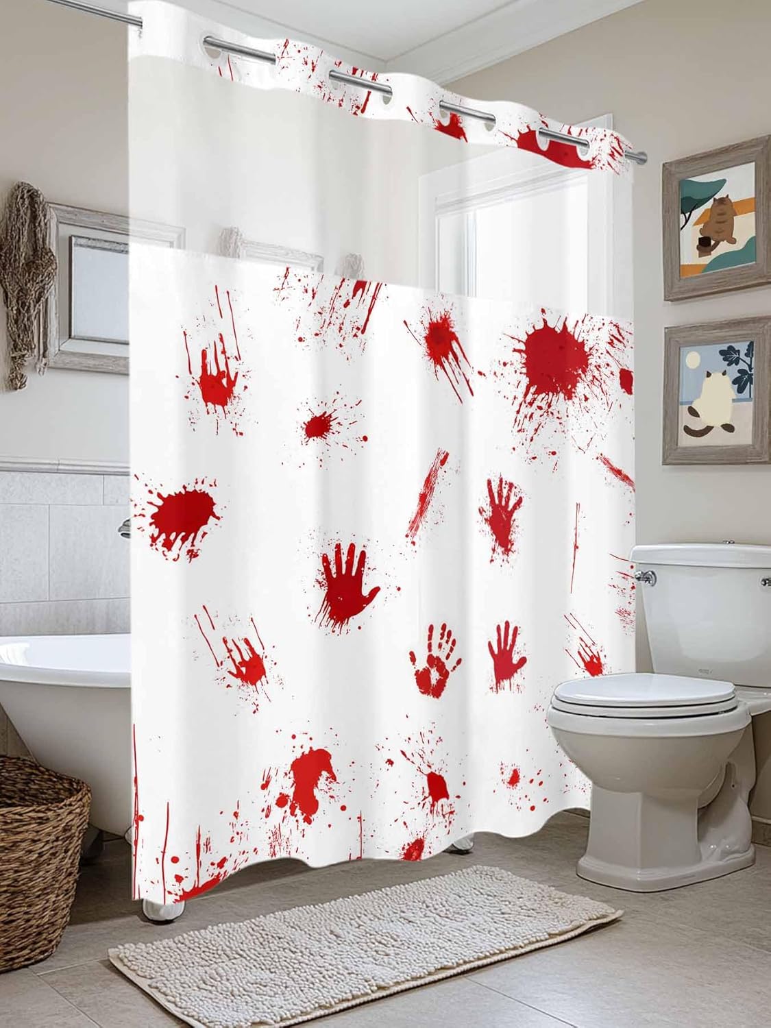 No Hook Shower Curtain with Snap in Liner Set,Halloween Scary Blood Hand Print Waterproof Fabric Shower Curtains Red and White Double Layer Bath Curtain for Bathroom,48Wx72L