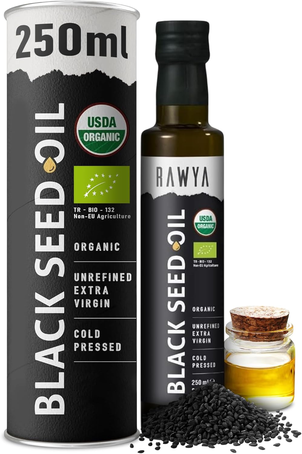 RAWYA Organic Cold-Pressed Black Seed Oil 250ml, Turkish Black Cumin (Kalonji, Nigella Sativa), Unrefined, Rich in Omega-3-6-9, Strong Taste, for Hair, Skin, Face and Overall Wellness, Pack of 1