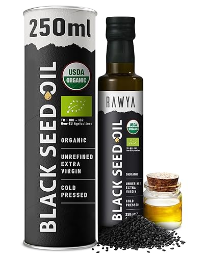 RAWYA Aceite de semilla negra – Certificado orgánico USDA – prensado en frío – 8.4 onzas líquidas – Extra virgen – Semilla de comino negro turco
