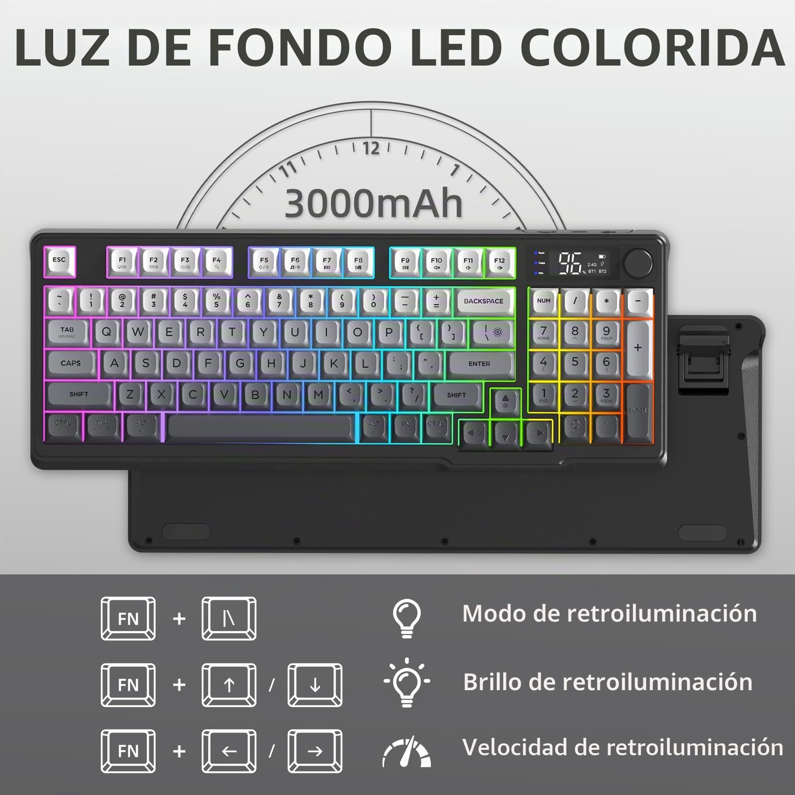 FREEWOLF M96 Teclado Inalámbrico para Juegos, Control De Perilla BT/2.4G Teclado Inalámbrico, Sensación Mecánica, Backlit LED, Pantalla De Visualización, Tecla PBT, 3000 mAh, QWERTY -Negro Degradado