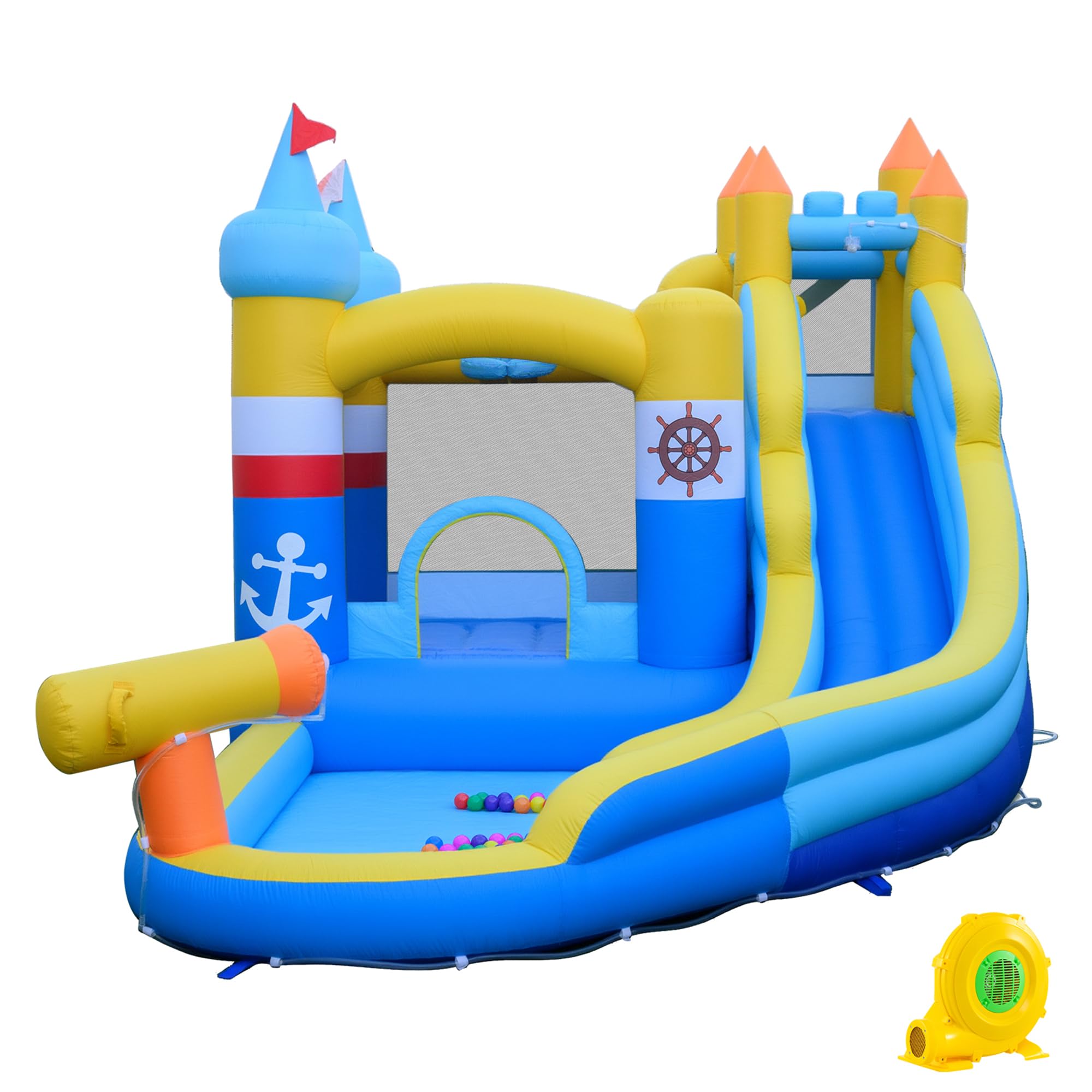 GIANTEX Castillo hinchable con tobogán acuático, castillo hinchable XXL para niños con pared de escalada, cañón de agua, canasta de baloncesto y piscina de pelotas, parque acuático para interiores y