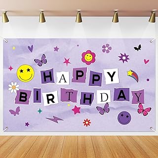 CHUNNIN Purple Birthday Party Decorations Pop Singer Birthday Banner Backdrop Butterfly Themed Party Photo Background Wall Window Decor for Music Fans Lover Party Supplies Favors