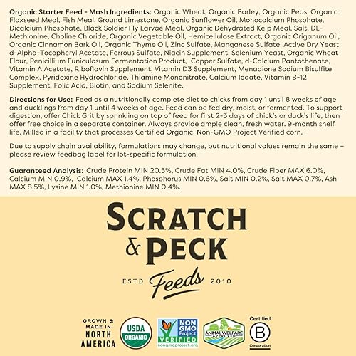 Miniatura 6 de Scratch and Peck Feeds Organic Starter Mash Chick Feed - 10 libras - 20.5% de proteína, proyecto verificado sin OMG, alimento para pollitos