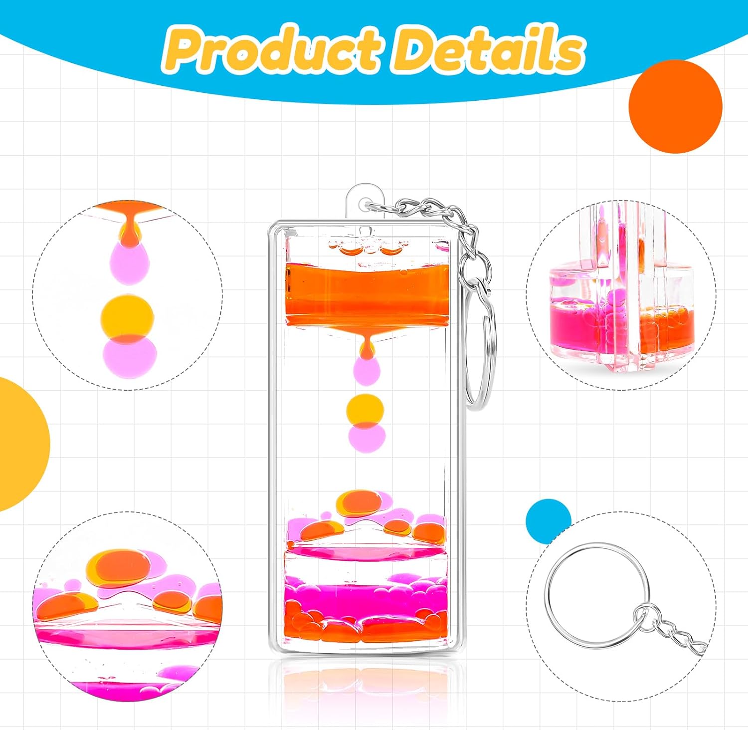 FKYTION Liquid Motion Bubbler Key Chain Pack of 12 Great Desktop Colorful Hourglass Liquid Bubbler Small Calming Relaxing Toys (Rainbow series, Pack of 12)