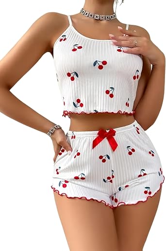 Women s 2 Pieces Heart Print Summer Pajama Set Scoop Neck Sleeveless Cami Tops + Shorts, Sexy Sleepwear PJ Set Soft Loungewear Nightwear