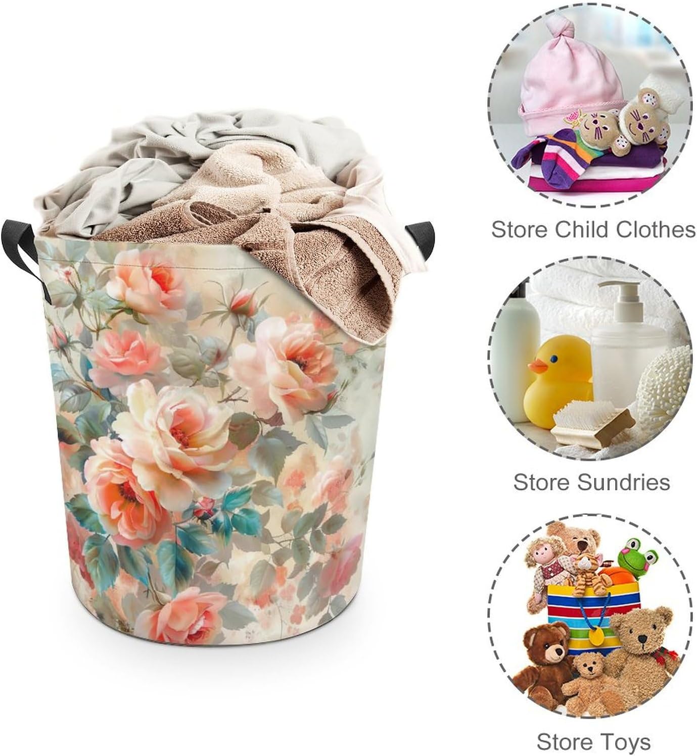 Vintage Watercolor Roses Foldable Laundry Hamper with Handles, Waterproof Oxford Cloth Basket, Collapsible Storage for Bathroom Bedroom Dorm image 3