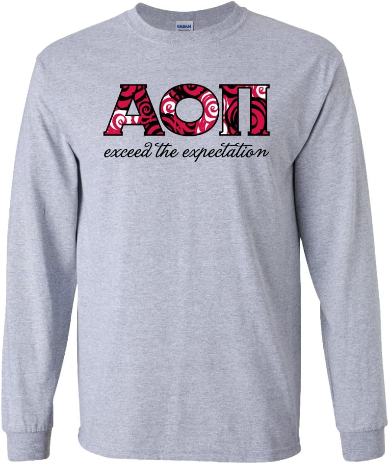 VictoryStore Apparel - Alpha Omicron Pi, Greek Letters with Rose Pattern Long Sleeve T-Shirt, Large, Sport Gray