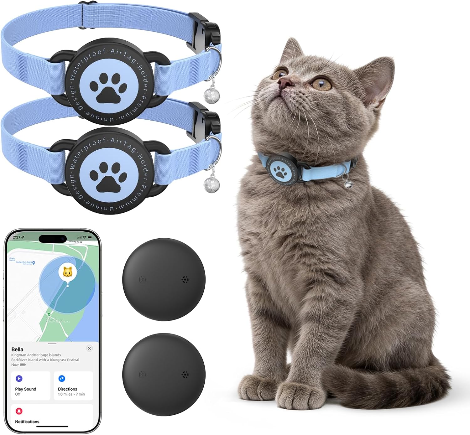 GPS Cat Tracker Collar(iOS & Android), Bluetooth Mini GPS Dog Tracker, Smart Pet Activity Tracker, No Monthly Fee, Work with Apple Find My & Google Find Hub, Finder Tag for Pets,Items 2P Blue