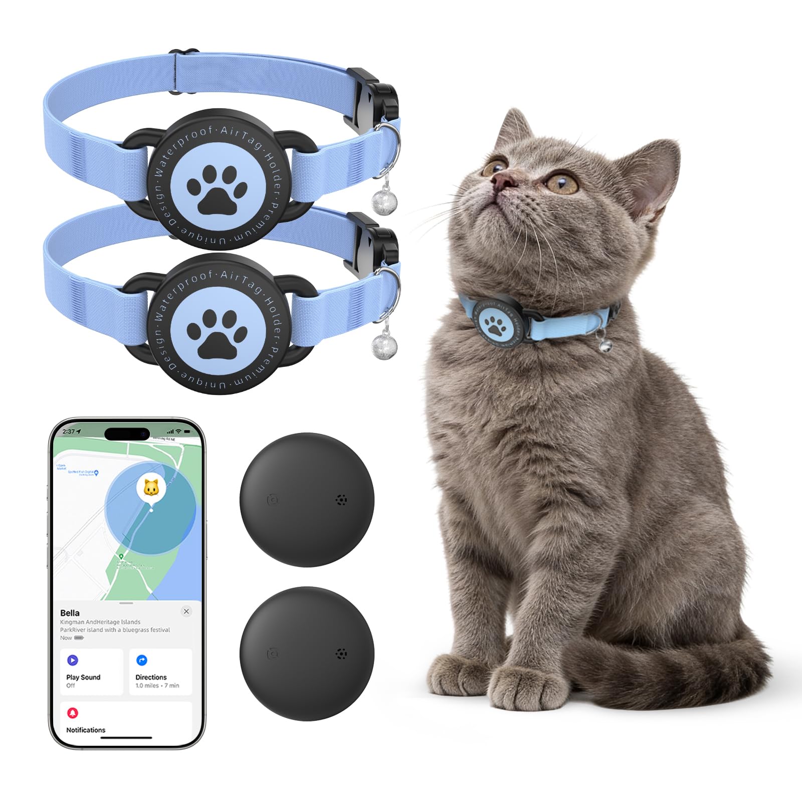 GPS Cat Tracker Collar(iOS & Android), Bluetooth Mini GPS Dog Tracker, Smart Pet Activity Tracker, No Monthly Fee, Work with Apple Find My & Google Find Hub, Finder Tag for Pets,Items M5 2P Blue