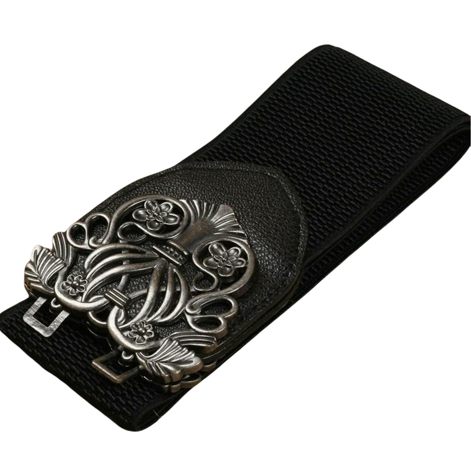 Ceinture sans boucle femme large en cuir avec fleur en alliage b