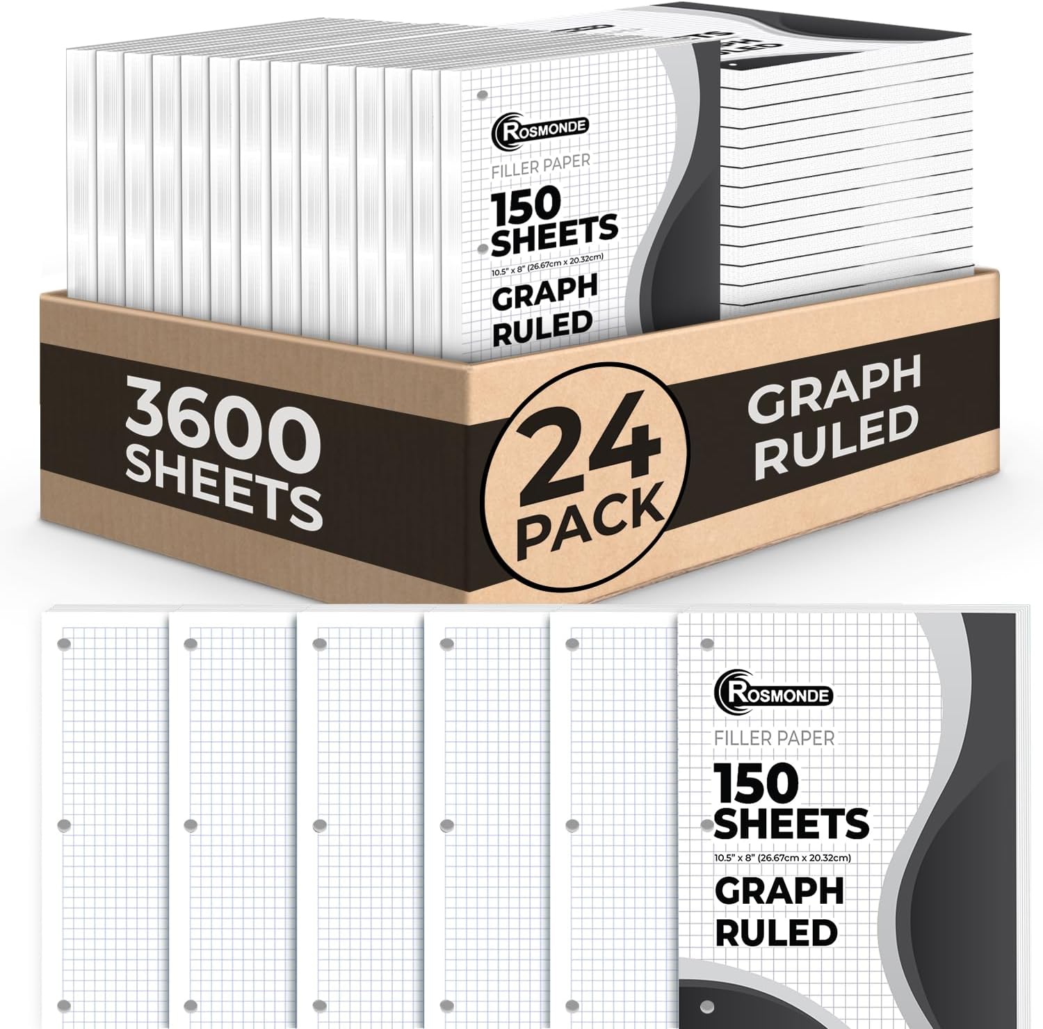 Rosmonde 24 Pack Graph Paper Bulk, 3600 Sheets, Bulk Loose Leaf Paper, 4x4 Grid Ruled, 8" x 10.5", Quad Ruled Bulk Filler Sheets, 54 GSM, 3 Hole Punched for Binders, Bulk Graphing Sheet, Bulk Supplies