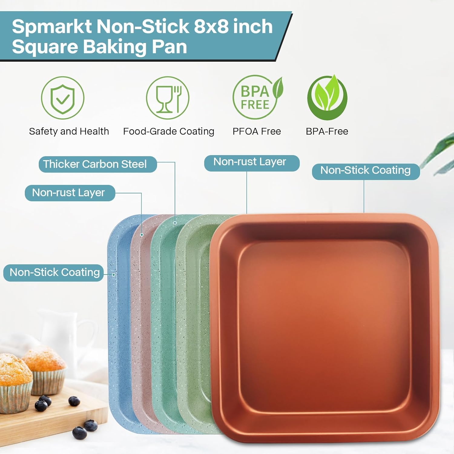 2-Pack 8 inch Square Cake Pan, 8x8 Baking Pan, Cornbread Square Baking Pan, Perfect for Brownies, Lasagna,Oven Safe - Image 2