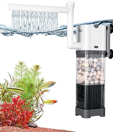 AQQA Filtro de acuario, filtro de tanque de peces con tubo Rainshower, flujo de agua ajustable, bolas de cuarzo bioquímico ultra silenciosas y
