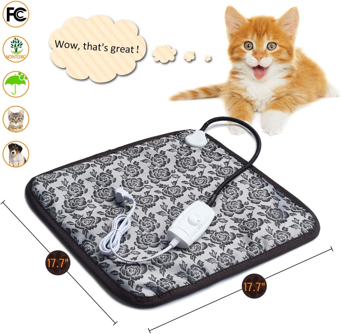 EACHON Heating Pad for Dogs Cats Electric Heated Pet Beds Warming Pet Mats Adjustable Safety Waterproof Chew Resistant Steel Cord wifh Free pet Comb (S Gray) (Gray Rose)