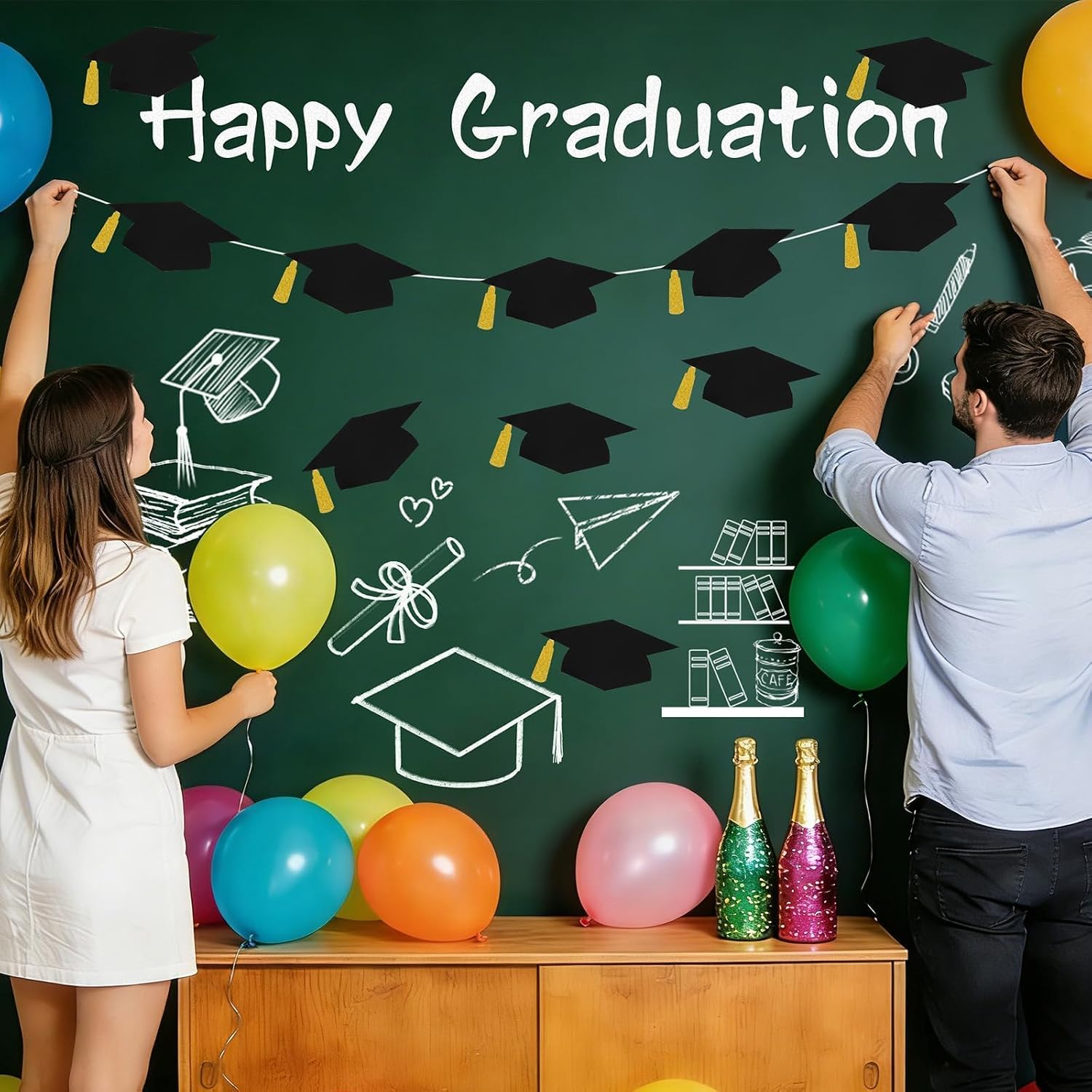 JUNEBRUSHS 60Pcs Grad Caps Cutouts, 5.7 Inches Double-Sided Black and Gold Graduation Hat Cut-Outs with 100 Adhesive Dots for High School College Graduation Party Supplies Table Decoration