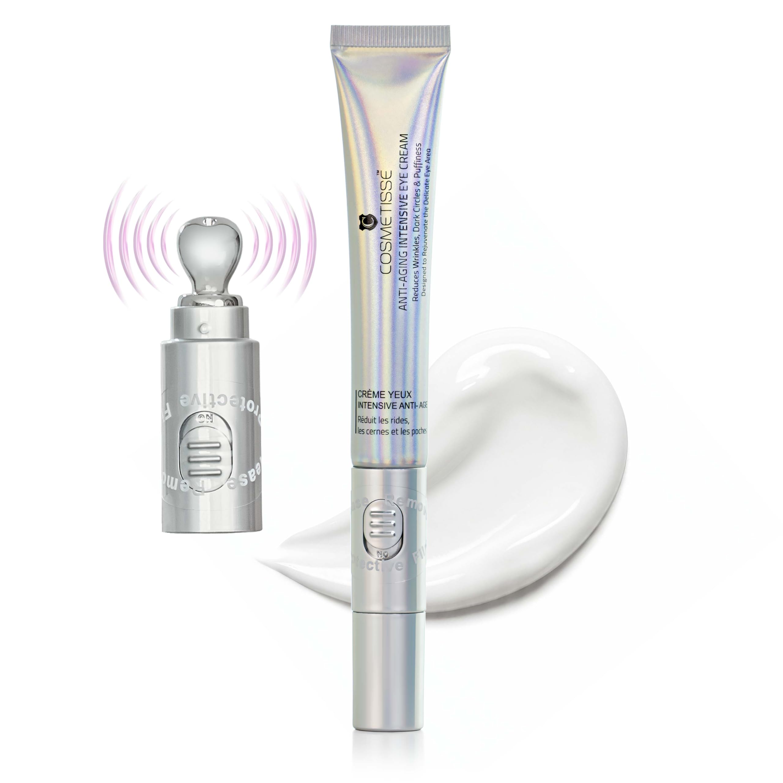Cosmetisse Anti Aging Eye Cream for Dark Circles & Puffiness - Vibrating Metal Massager Applicator for Under Eye Bags & Wrinkles - Firming Snail Mucin, 20ml/0.68oz