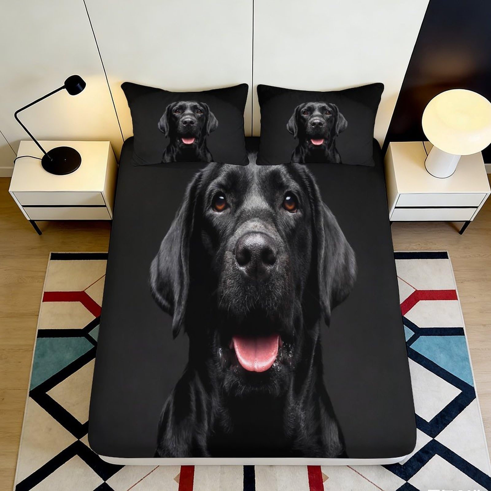 3D Printed Black Labrador Fitted Sheet Microfiber Soft Breathable Dog Portrait Bed Cover for Bedroom Guest Room Decor 90x200x25cm