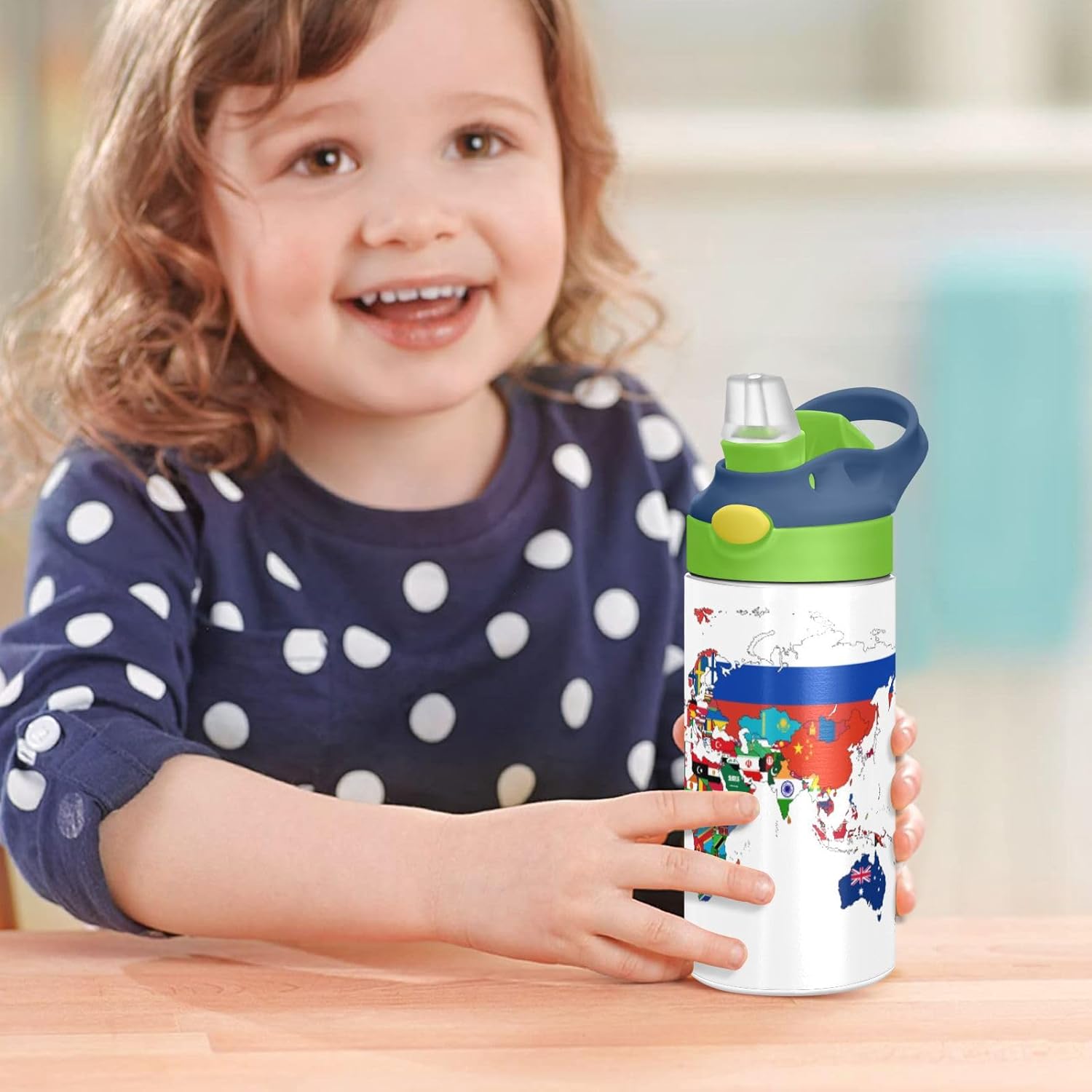 Bolaz 350ml/12oz Kids Stainless Steel Insulated Water Bottle with Straw Stainless Steel Reusable Tumbler National Flag World Map for School