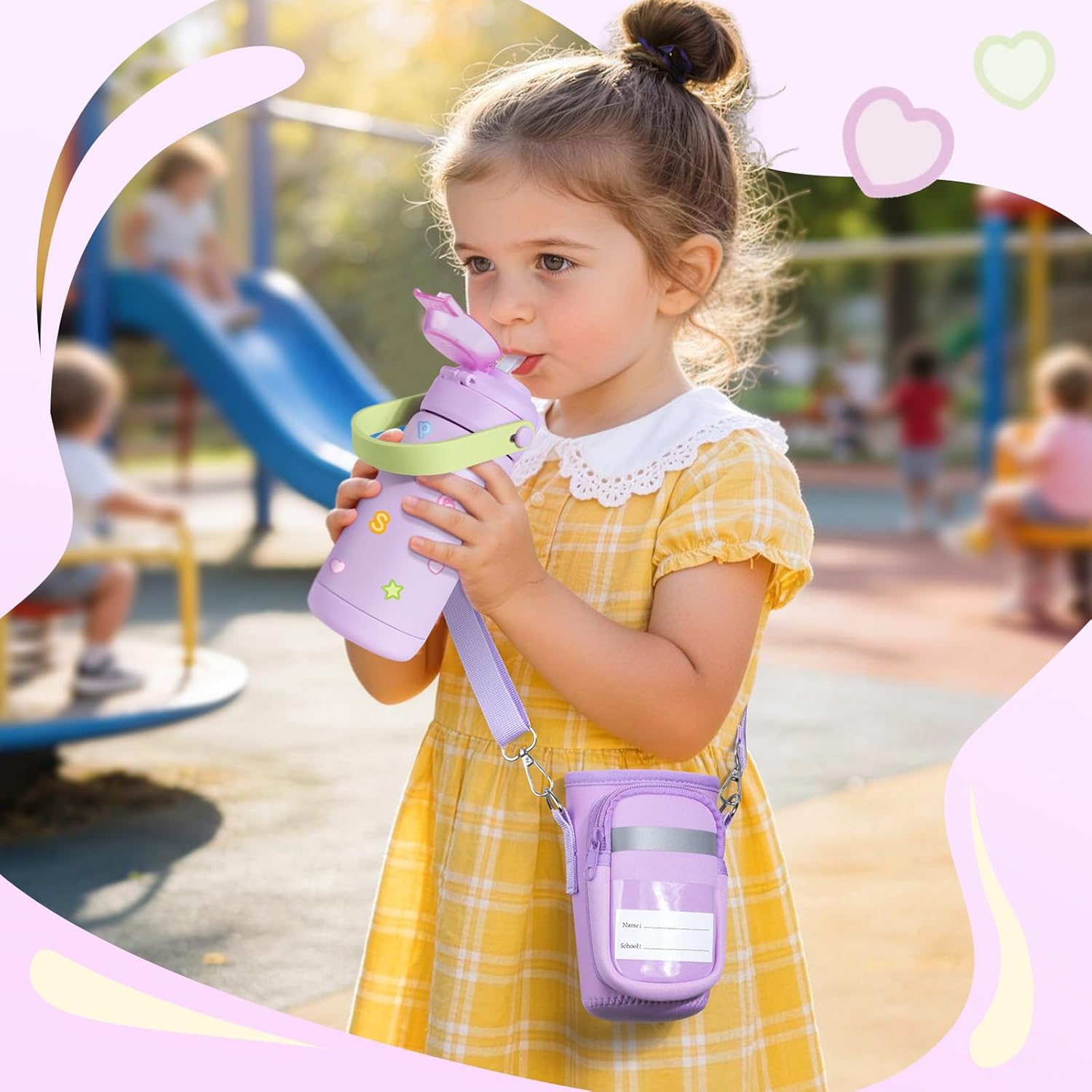 REDSHELL Kids Water Bottle with Carrier Bag, Stainless Steel Toddler Tumbler for School Boys Girls, 14oz Vacuum Insulated Jug with Sling Holder, Cute Sleeve Kid Cup with Straw Lid & Handle, Purple - Image 6
