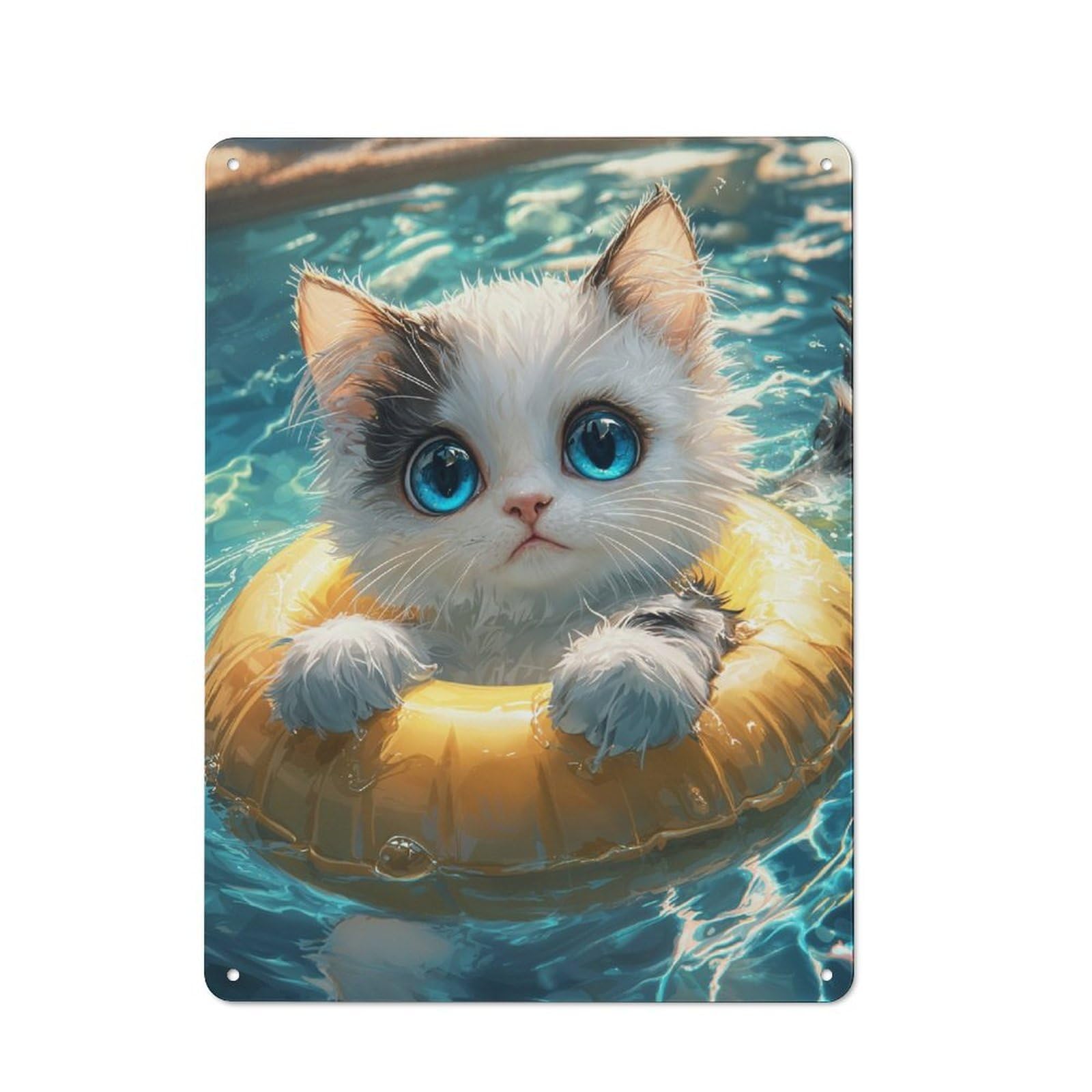 Junmoney Cute Kitten In Pool Float Retro Metal Plaque 40X30cm For Garage Or Workshop, Housewarming Wall Decor For People Furnishing Garage And Workshop